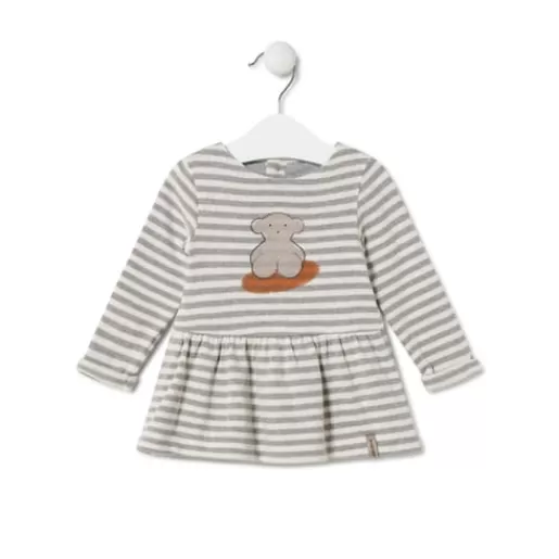 TOUS Girls striped dress with bear in Grey ecru Outlet