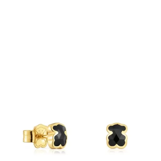 TOUS Kolczyki 6 mm ze srebra pokrytego 18-karatowym złotem, z misiem z onyksu Icon Color Fashion
