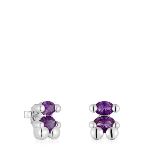 TOUS Srebrne kolczyki Color Bear LGG 13 mm z motywem misia z laboratoryjnie hodowanym szafirem liliowego koloru Srebro Best Sale