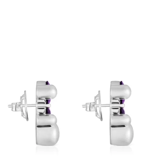 TOUS Srebrne kolczyki Color Bear LGG 23 mm z motywem misia z laboratoryjnie hodowanym szafirem liliowego koloru Fashion