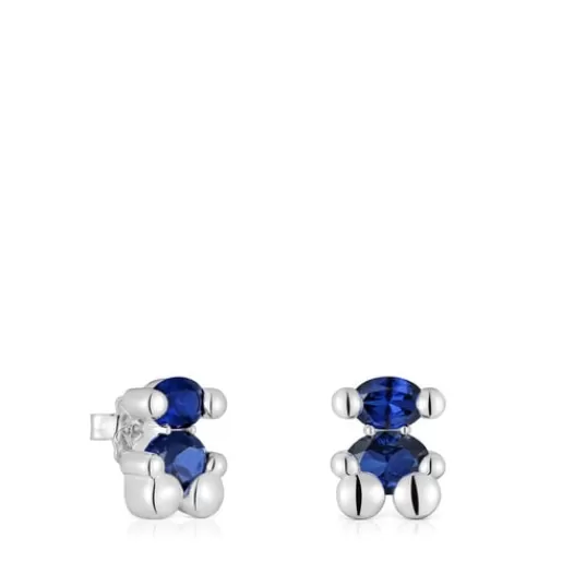 TOUS Srebrne kolczyki Color Bear LGG 13 mm z motywem misia z laboratoryjnie hodowanym szafirem niebieskiego koloru Srebro Fashion