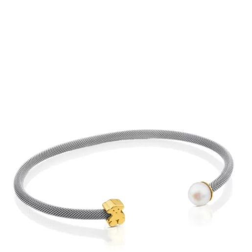 TOUS Icon Mesh - Otwarta bransoletka ze stali szlachetnej i z żółtego złota z perłą Discount