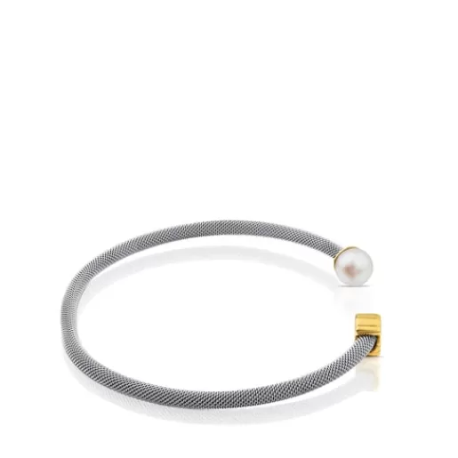 TOUS Icon Mesh - Otwarta bransoletka ze stali szlachetnej i z żółtego złota z perłą Discount