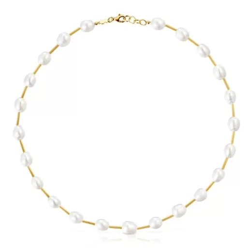 TOUS Tubularny naszyjnik choker wykonany ze srebra pokrytego 18-karatowym złotem, z perłami hodowanymi, z kolekcji Gloss Fashion