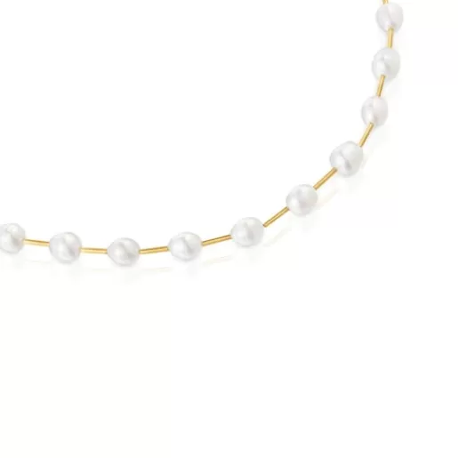 TOUS Tubularny naszyjnik choker wykonany ze srebra pokrytego 18-karatowym złotem, z perłami hodowanymi, z kolekcji Gloss Fashion