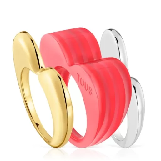 TOUS Zestaw dużych dwukolorowych pierścionków z motywem serce i różowym acetatem My Other Half SrebroVermeil/Srebro Discount