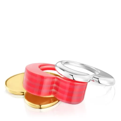 TOUS Zestaw dużych dwukolorowych pierścionków z motywem serce i różowym acetatem My Other Half SrebroVermeil/Srebro Discount